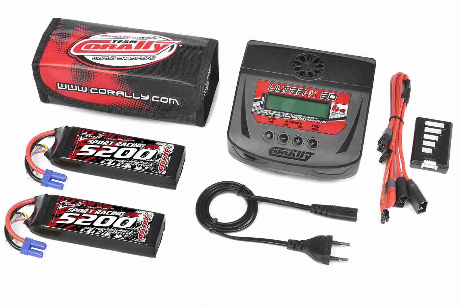Team Corally Energy Pack 2X Lipo 60C 5200MAH 3S EC-5 Semi-Soft Case + Ultra-X 80 1-6S AC/DC Charger + Lipo Safety Bag + Charge-Balance Lead Team Corally Energy Pack 2X Lipo 60C 5200MAH 3S EC-5 Semi-Soft Case + Ultra-X 80 1-6S AC/DC Charger + Lipo Safety Bag + Charge-Balance Lead