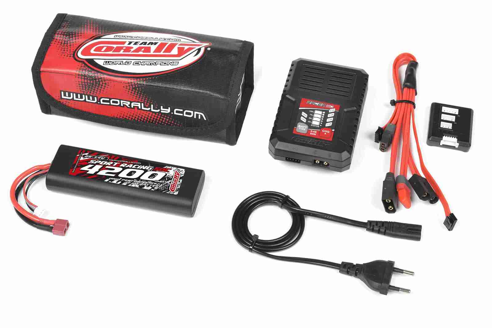 Team Corally Energy Pack Lipo 50C 4200Mah 2S T-Plug Hard Case + Racer 50 2-4S AC Charger + Lipo Safety Bag + Charge-Balance Lead Team Corally Energy Pack Lipo 50C 4200Mah 2S T-Plug Hard Case + Racer 50 2-4S AC Charger + Lipo Safety Bag + Charge-Balance Lead