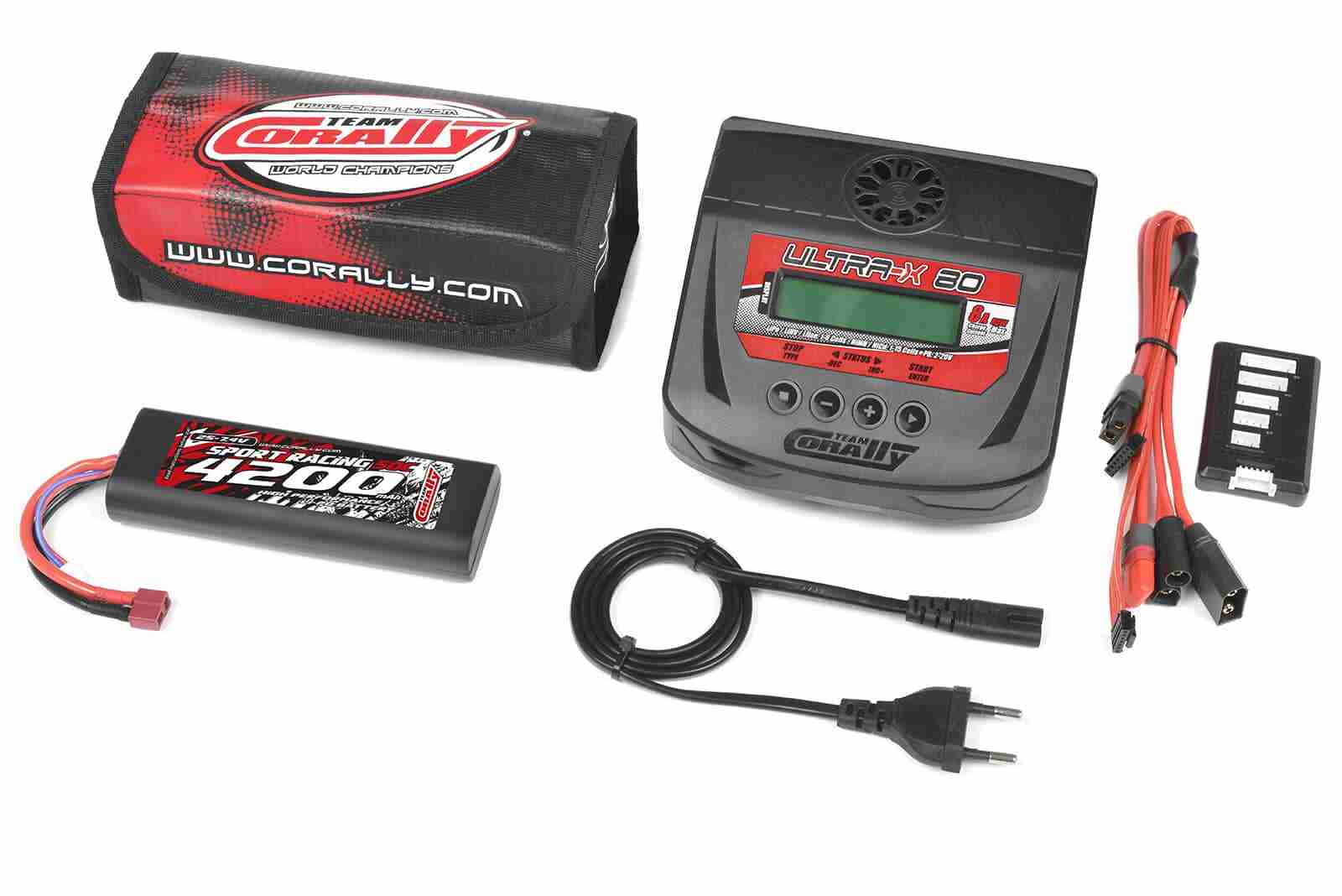 Team Corally Energy Pack Lipo 50C 4200Mah 2S T-Plug Hard Case + Ultra-X 80 1-6S AC/DC Charger + Lipo Safety Bag + Charge-Balance Lead Team Corally Energy Pack Lipo 50C 4200Mah 2S T-Plug Hard Case + Ultra-X 80 1-6S AC/DC Charger + Lipo Safety Bag + Charge-Balance Lead