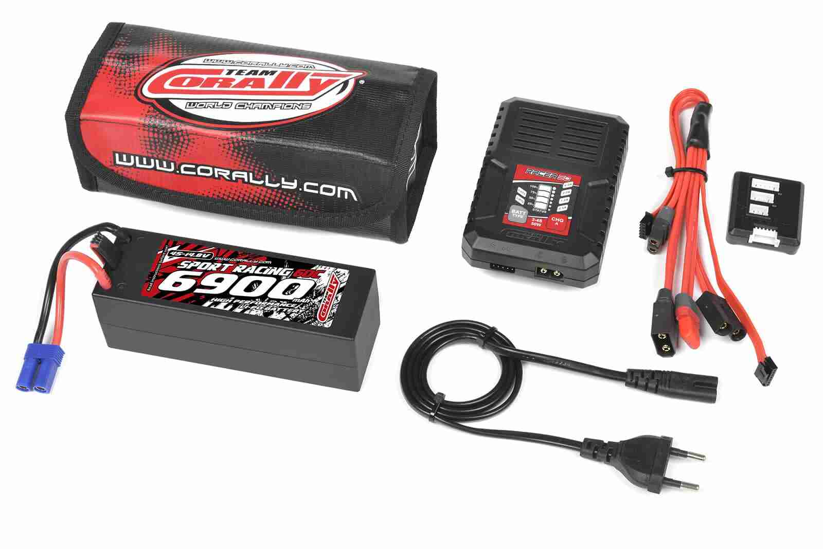 Team Corally Energy Pack Lipo 50C 6700Mah 4S EC-5 Hard Case + Racer 50 2-4S AC Charger + Lipo Safety Bag + Charge-Balance Lead Team Corally Energy Pack Lipo 50C 6700Mah 4S EC-5 Hard Case + Racer 50 2-4S AC Charger + Lipo Safety Bag + Charge-Balance Lead