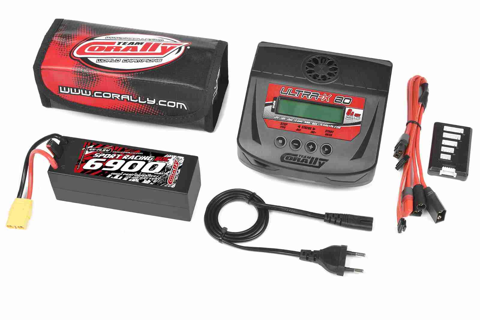 Team Corally Energy Pack Lipo 50C 6700Mah 4S XT-90 Hard Case + Ultra-X 80 1-6S AC/DC Charger + Lipo Safety Bag + Charge-Balance Lead Team Corally Energy Pack Lipo 50C 6700Mah 4S XT-90 Hard Case + Ultra-X 80 1-6S AC/DC Charger + Lipo Safety Bag + Charge-Balance Lead