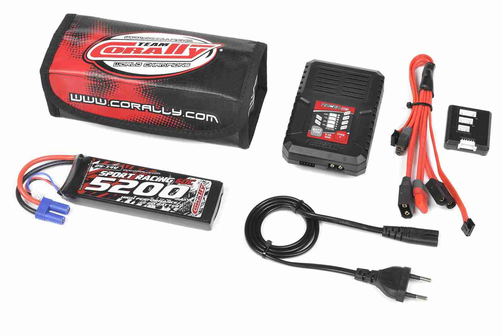 Team Corally Energy Pack Lipo 60C 5200MAH 2S EC-5 Semi-Soft Case + Racer 50 2-4S AC Charger + Lipo Safety Bag + Charge-Balance Lead Team Corally Energy Pack Lipo 60C 5200MAH 2S EC-5 Semi-Soft Case + Racer 50 2-4S AC Charger + Lipo Safety Bag + Charge-Balance Lead