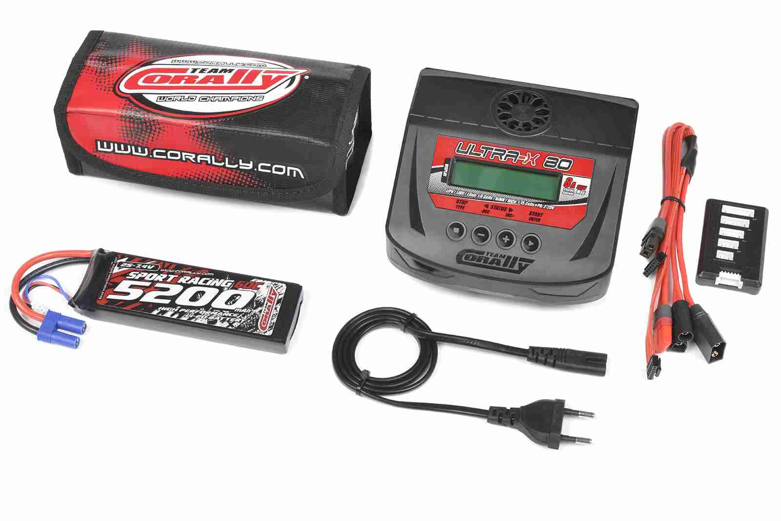 Team Corally Energy Pack Lipo 60C 5200MAH 2S EC-5 Semi-Soft Case + Ultra-X 80 1-6S AC/DC Charger + Lipo Safety Bag + Charge-Balance Lead Team Corally Energy Pack Lipo 60C 5200MAH 2S EC-5 Semi-Soft Case + Ultra-X 80 1-6S AC/DC Charger + Lipo Safety Bag + Charge-Balance Lead