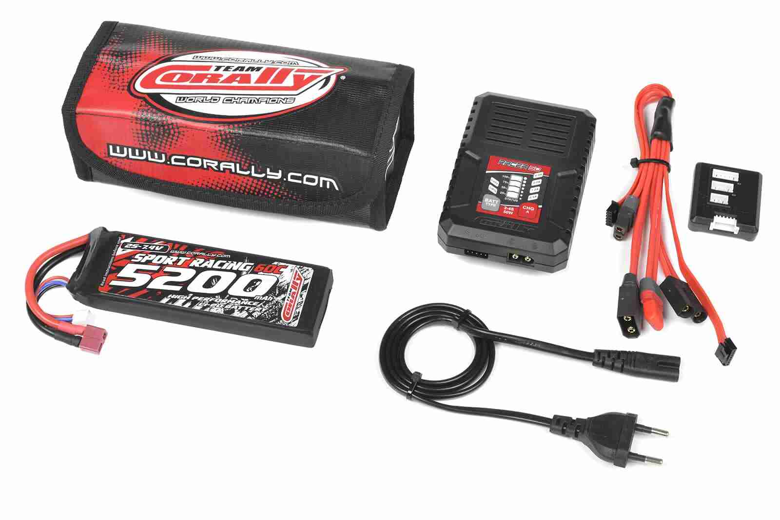 Team Corally Energy Pack Lipo 60C 5200MAH 2S T-Plug Semi-Soft Case + Racer 50 2-4S AC Charger + Lipo Safety Bag + Charge-Balance Lead Team Corally Energy Pack Lipo 60C 5200MAH 2S T-Plug Semi-Soft Case + Racer 50 2-4S AC Charger + Lipo Safety Bag + Charge-Balance Lead