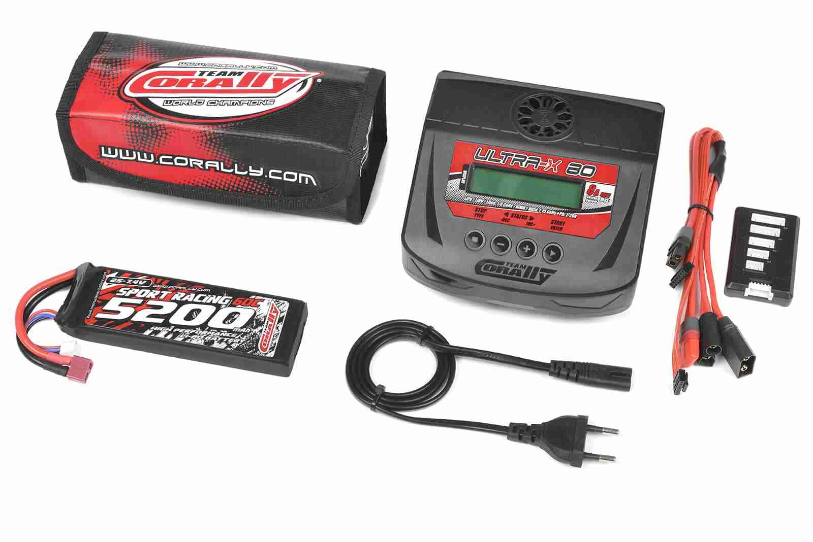 Team Corally Energy Pack Lipo 60C 5200MAH 2S T-Plug Semi-Soft Case + Ultra-X 80 1-6S AC/DC Charger + Lipo Safety Bag + Charge-Balance Lead Team Corally Energy Pack Lipo 60C 5200MAH 2S T-Plug Semi-Soft Case + Ultra-X 80 1-6S AC/DC Charger + Lipo Safety Bag + Charge-Balance Lead