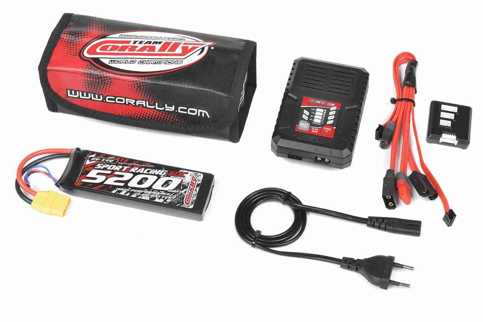 Team Corally Energy Pack Lipo 60C 5200MAH 2S XT-90 Semi-Soft Case + Racer 50 2-4S AC Charger + Lipo Safety Bag + Charge-Balance Lead Team Corally Energy Pack Lipo 60C 5200MAH 2S XT-90 Semi-Soft Case + Racer 50 2-4S AC Charger + Lipo Safety Bag + Charge-Balance Lead