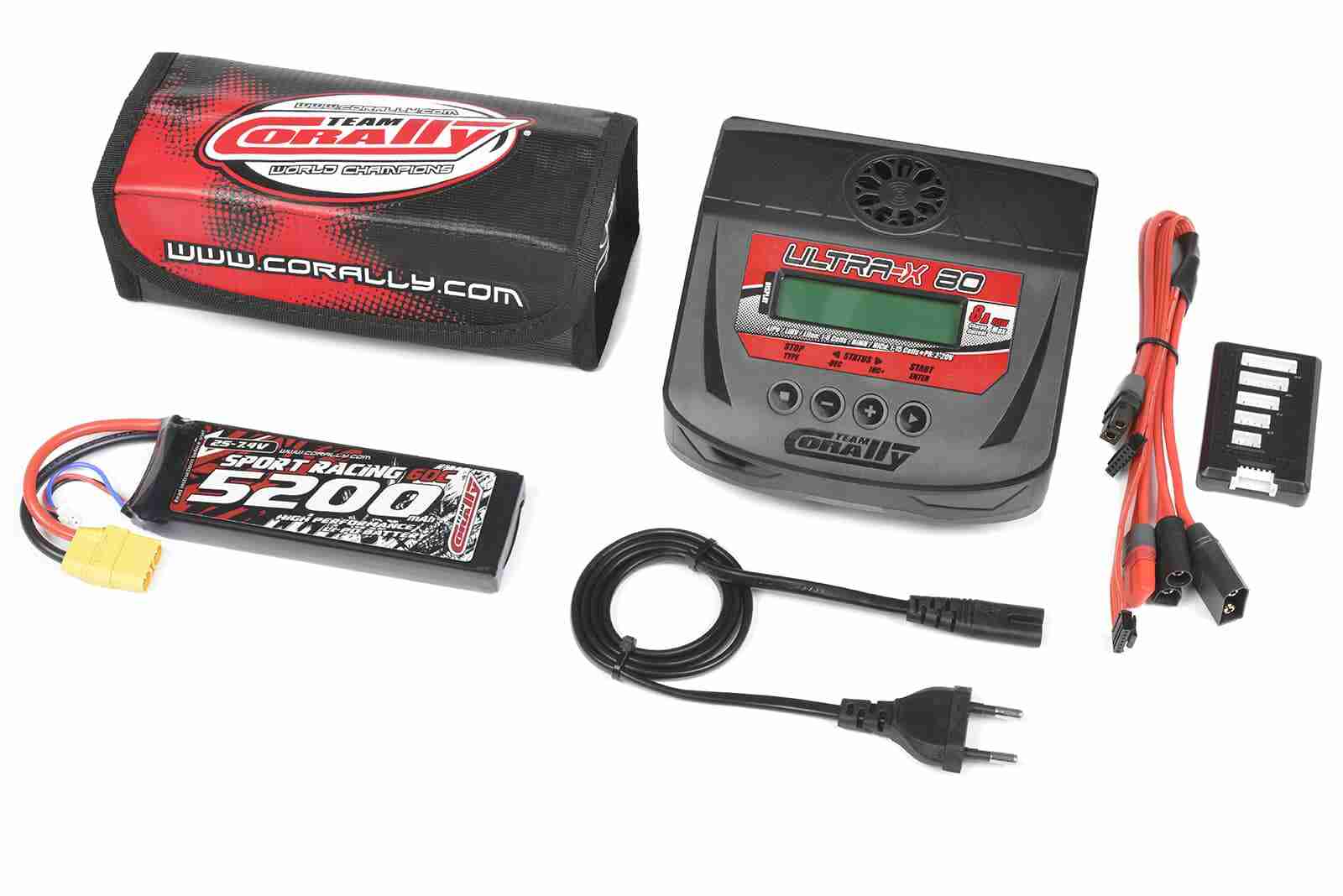Team Corally Energy Pack Lipo 60C 5200MAH 2S XT-90 Semi-Soft Case + Ultra-X 80 1-6S AC/DC Charger + Lipo Safety Bag + Charge-Balance Lead Team Corally Energy Pack Lipo 60C 5200MAH 2S XT-90 Semi-Soft Case + Ultra-X 80 1-6S AC/DC Charger + Lipo Safety Bag + Charge-Balance Lead