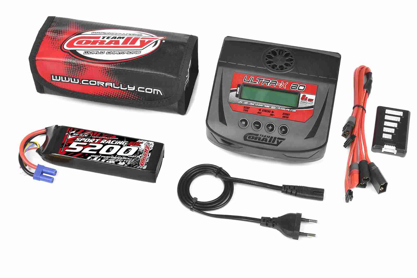 Team Corally Energy Pack Lipo 60C 5200MAH 3S EC-5 Semi-Soft Case + Ultra-X 80 1-6S AC/DC Charger + Lipo Safety Bag + Charge-Balance Lead Team Corally Energy Pack Lipo 60C 5200MAH 3S EC-5 Semi-Soft Case + Ultra-X 80 1-6S AC/DC Charger + Lipo Safety Bag + Charge-Balance Lead