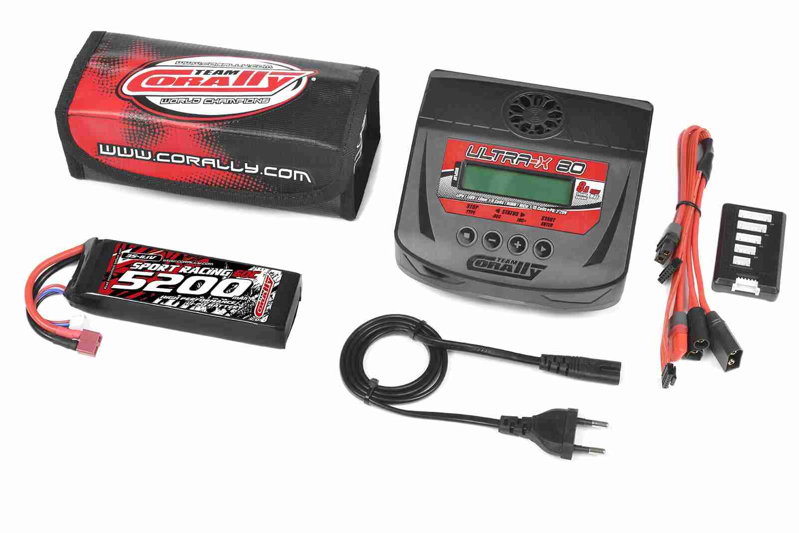 Team Corally Energy Pack Lipo 60C 5200MAH 3S T-Plug Semi-Soft Case + Ultra-X 80 1-6S AC/DC Charger + Lipo Safety Bag + Charge-Balance Lead Team Corally Energy Pack Lipo 60C 5200MAH 3S T-Plug Semi-Soft Case + Ultra-X 80 1-6S AC/DC Charger + Lipo Safety Bag + Charge-Balance Lead