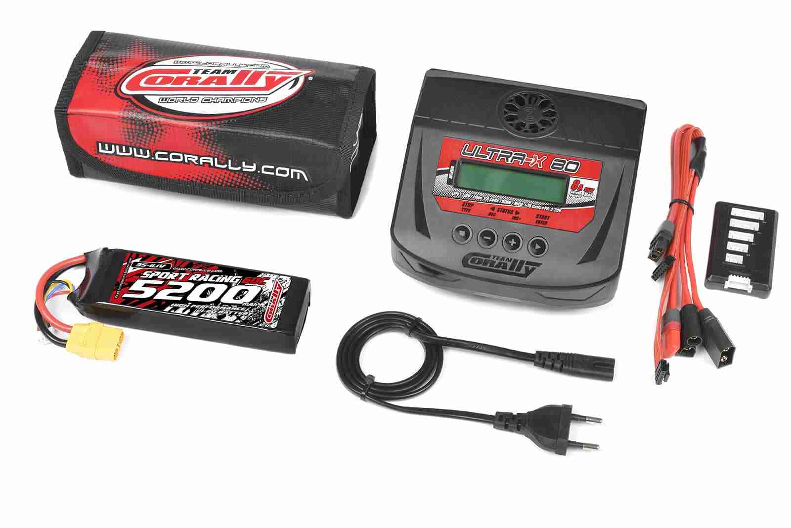 Team Corally Energy Pack Lipo 60C 5200MAH 3S XT-90 Semi-Soft Case + Ultra-X 80 1-6S AC/DC Charger + Lipo Safety Bag + Charge-Balance Lead Team Corally Energy Pack Lipo 60C 5200MAH 3S XT-90 Semi-Soft Case + Ultra-X 80 1-6S AC/DC Charger + Lipo Safety Bag + Charge-Balance Lead