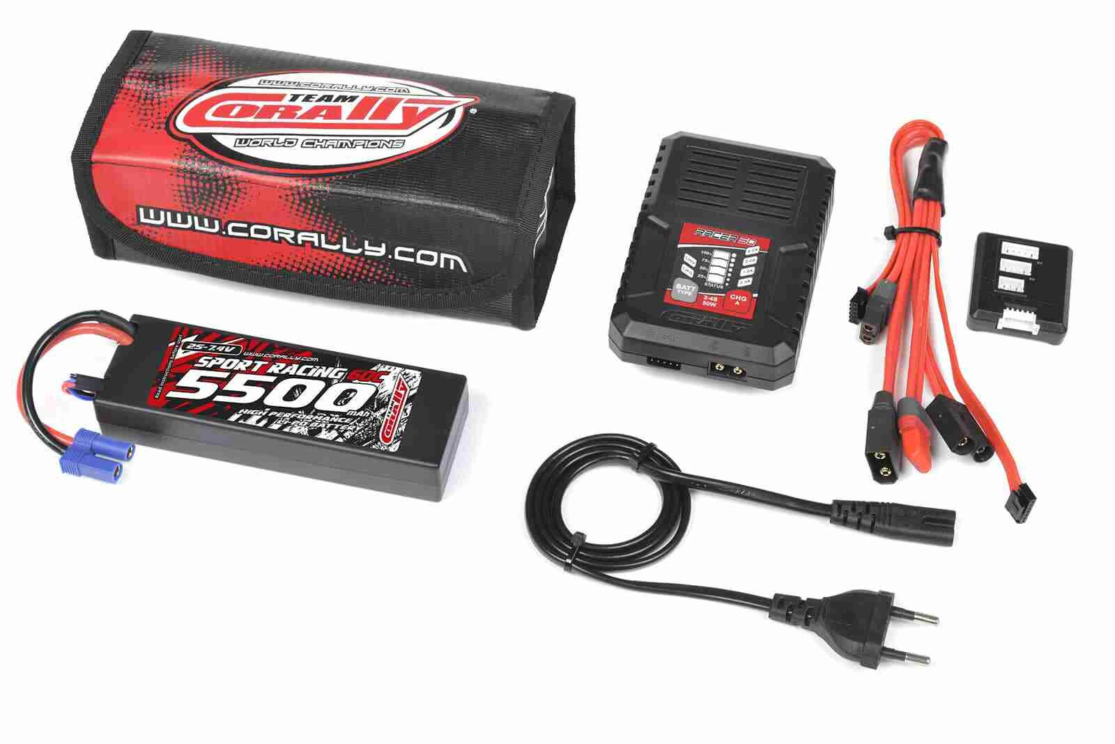 Team Corally Energy Pack Lipo 60C 5500Mah 2S EC-5 Hard Case + Racer 50 2-4S AC Charger + Lipo Safety Bag + Charge-Balance Lead Team Corally Energy Pack Lipo 60C 5500Mah 2S EC-5 Hard Case + Racer 50 2-4S AC Charger + Lipo Safety Bag + Charge-Balance Lead