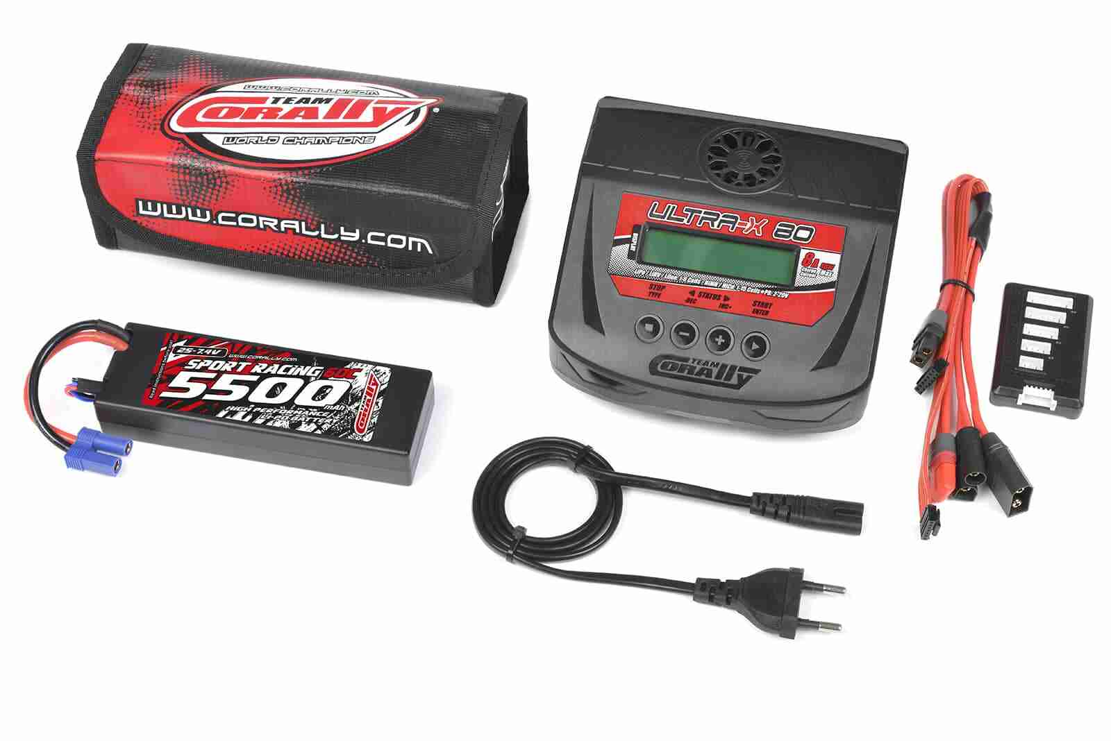Team Corally Energy Pack Lipo 60C 5500Mah 2S EC-5 Hard Case + Ultra-X 80 1-6S AC/DC Charger + Lipo Safety Bag + Charge-Balance Lead Team Corally Energy Pack Lipo 60C 5500Mah 2S EC-5 Hard Case + Ultra-X 80 1-6S AC/DC Charger + Lipo Safety Bag + Charge-Balance Lead