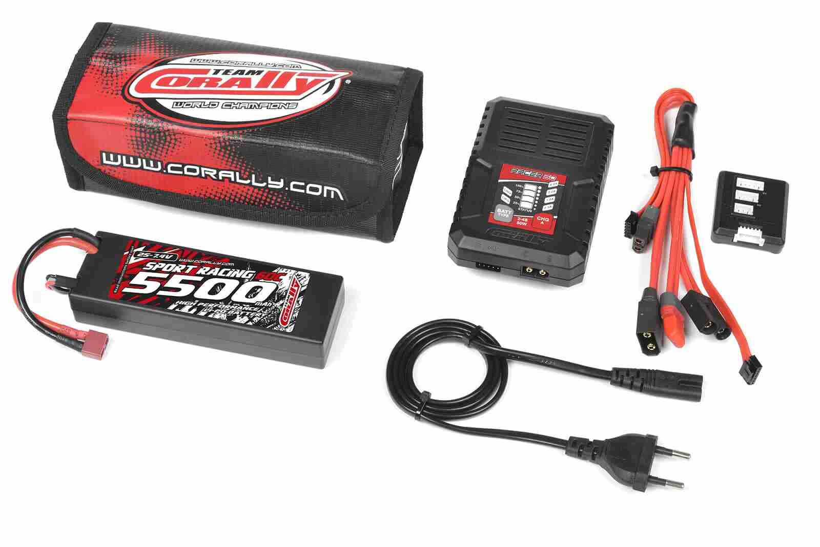 Team Corally Energy Pack Lipo 60C 5500Mah 2S T-Plug Hard Case + Racer 50 2-4S AC Charger + Lipo Safety Bag + Charge-Balance Lead Team Corally Energy Pack Lipo 60C 5500Mah 2S T-Plug Hard Case + Racer 50 2-4S AC Charger + Lipo Safety Bag + Charge-Balance Lead