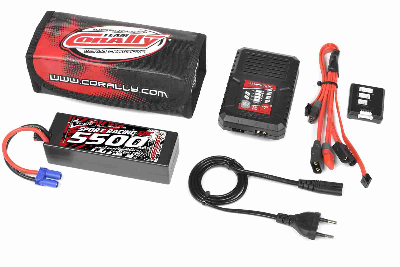 Team Corally Energy Pack Lipo 60C 5500Mah 3S EC-5 Hard Case + Racer 50 2-4S AC Charger + Lipo Safety Bag + Charge-Balance Lead Team Corally Energy Pack Lipo 60C 5500Mah 3S EC-5 Hard Case + Racer 50 2-4S AC Charger + Lipo Safety Bag + Charge-Balance Lead