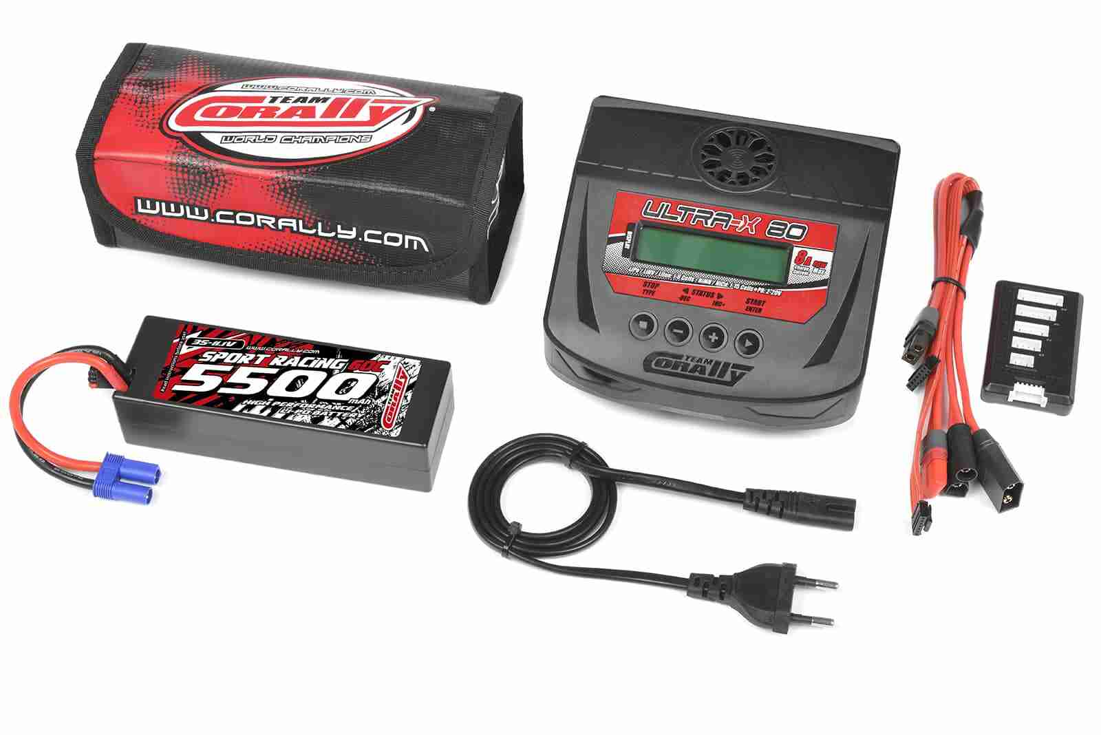Team Corally Energy Pack Lipo 60C 5500Mah 3S EC-5 Hard Case + Ultra-X 80 1-6S AC/DC Charger + Lipo Safety Bag + Charge-Balance Lead Team Corally Energy Pack Lipo 60C 5500Mah 3S EC-5 Hard Case + Ultra-X 80 1-6S AC/DC Charger + Lipo Safety Bag + Charge-Balance Lead