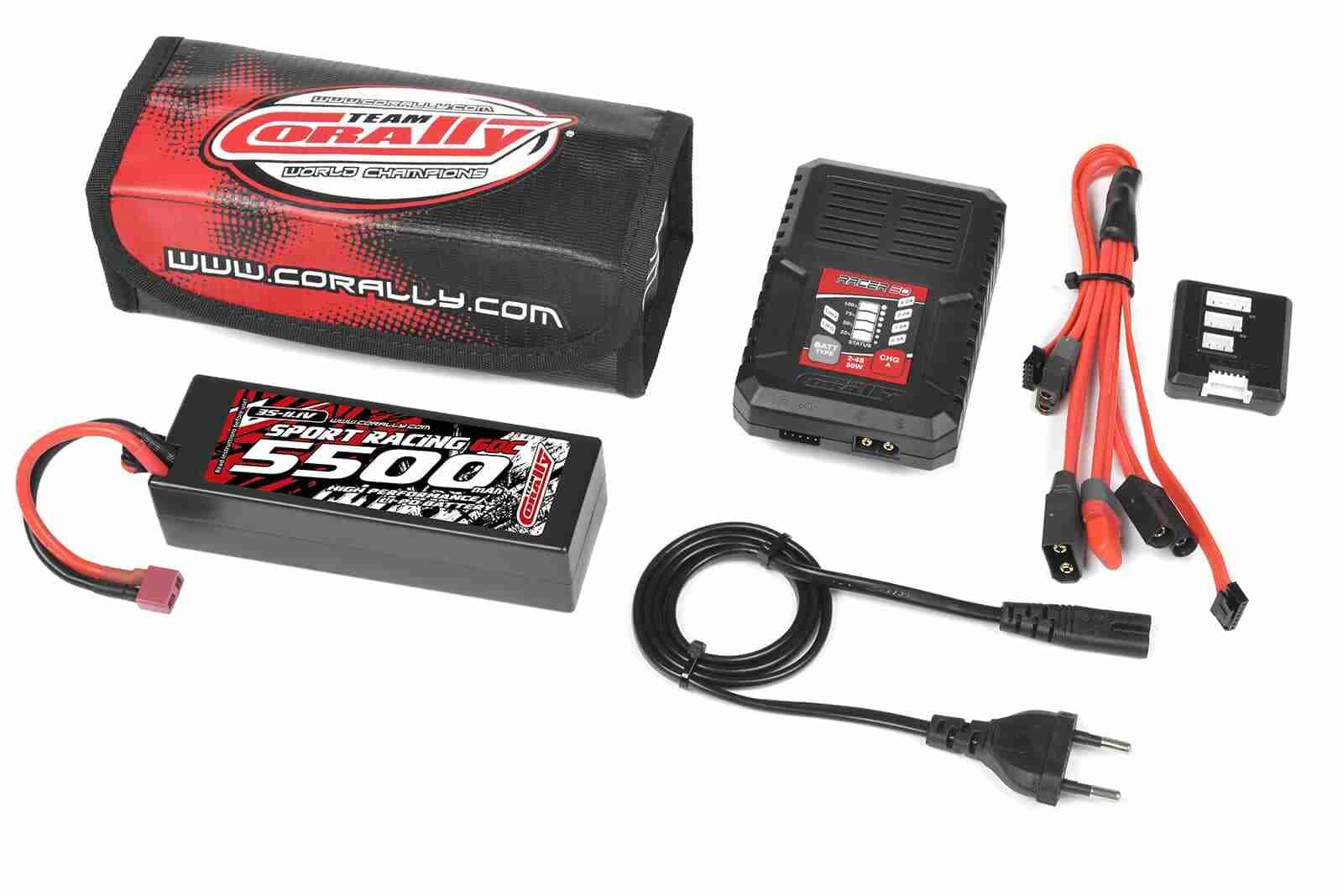 Team Corally Energy Pack Lipo 60C 5500Mah 3S T-PLUG Hard Case + Racer 50 2-4S AC Charger + Lipo Safety Bag + Charge-Balance Lead Team Corally Energy Pack Lipo 60C 5500Mah 3S T-PLUG Hard Case + Racer 50 2-4S AC Charger + Lipo Safety Bag + Charge-Balance Lead