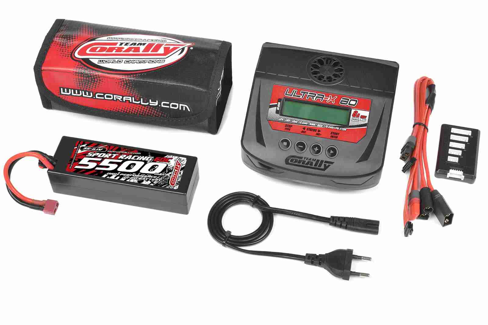 Team Corally Energy Pack Lipo 60C 5500Mah 3S T-PLUG Hard Case + Ultra-X 80 1-6S AC/DC Charger + Lipo Safety Bag + Charge-Balance Lead Team Corally Energy Pack Lipo 60C 5500Mah 3S T-PLUG Hard Case + Ultra-X 80 1-6S AC/DC Charger + Lipo Safety Bag + Charge-Balance Lead