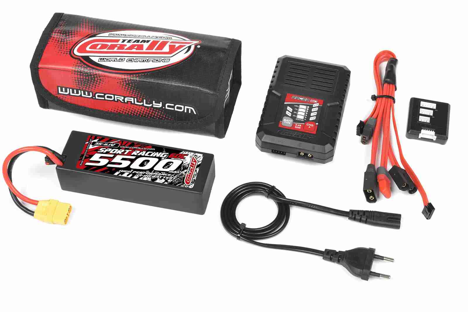 Team Corally Energy Pack Lipo 60C 5500Mah 3S XT-90 Hard Case + Racer 50 2-4S AC Charger + Lipo Safety Bag + Charge-Balance Lead Team Corally Energy Pack Lipo 60C 5500Mah 3S XT-90 Hard Case + Racer 50 2-4S AC Charger + Lipo Safety Bag + Charge-Balance Lead