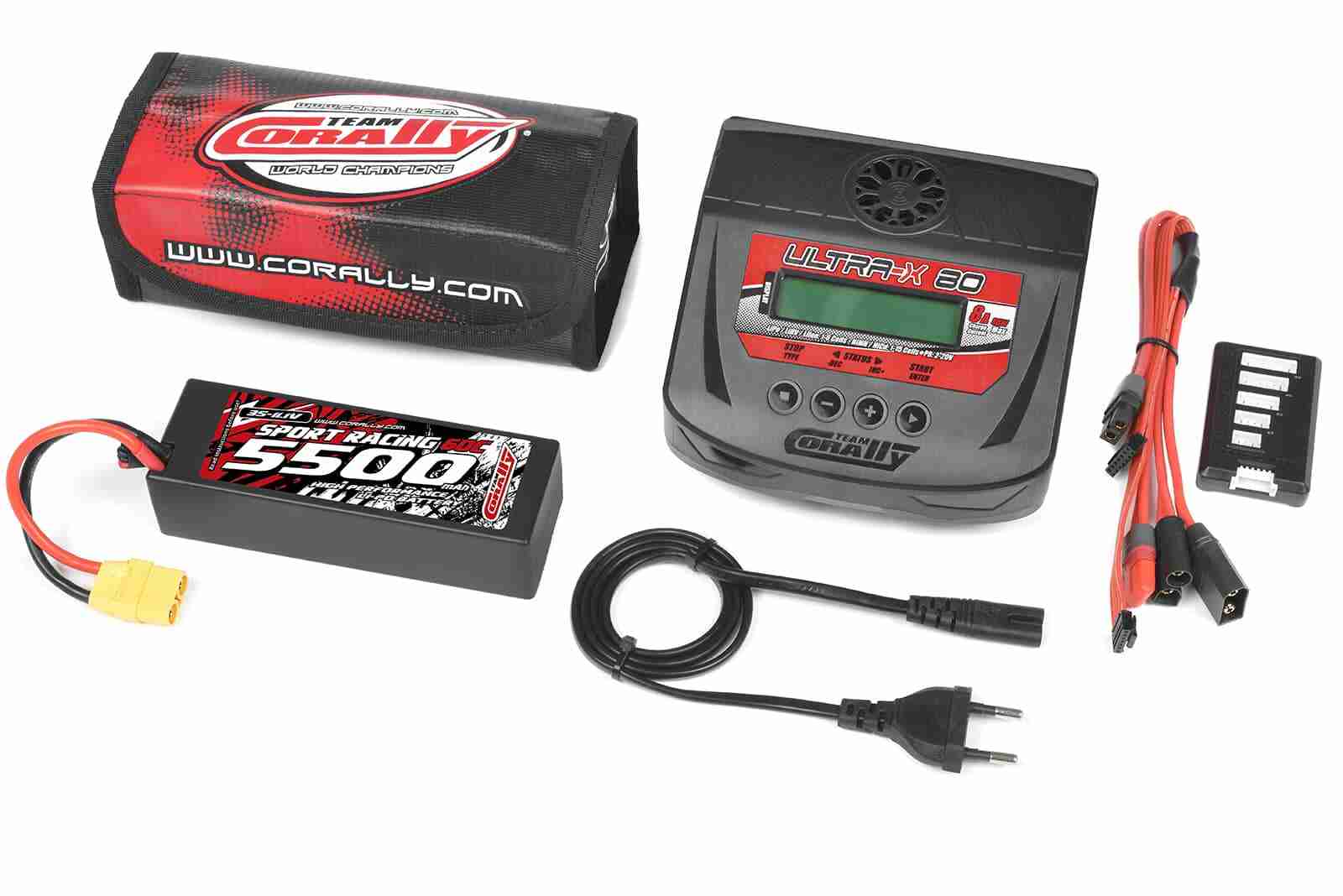 Team Corally Energy Pack Lipo 60C 5500Mah 3S XT-90 Hard Case + Ultra-X 80 1-6S AC/DC Charger + Lipo Safety Bag + Charge-Balance Lead Team Corally Energy Pack Lipo 60C 5500Mah 3S XT-90 Hard Case + Ultra-X 80 1-6S AC/DC Charger + Lipo Safety Bag + Charge-Balance Lead
