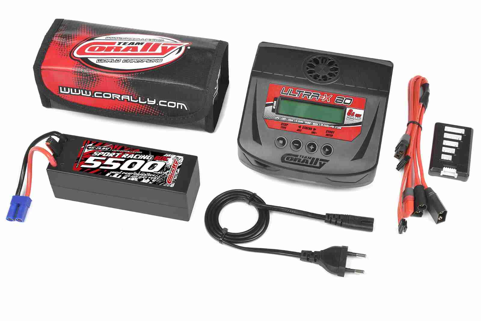 Team Corally Energy Pack Lipo 60C 5500Mah 4S EC-5 Hard Case + Ultra-X 80 1-6S AC/DC Charger + Lipo Safety Bag + Charge-Balance Lead Team Corally Energy Pack Lipo 60C 5500Mah 4S EC-5 Hard Case + Ultra-X 80 1-6S AC/DC Charger + Lipo Safety Bag + Charge-Balance Lead