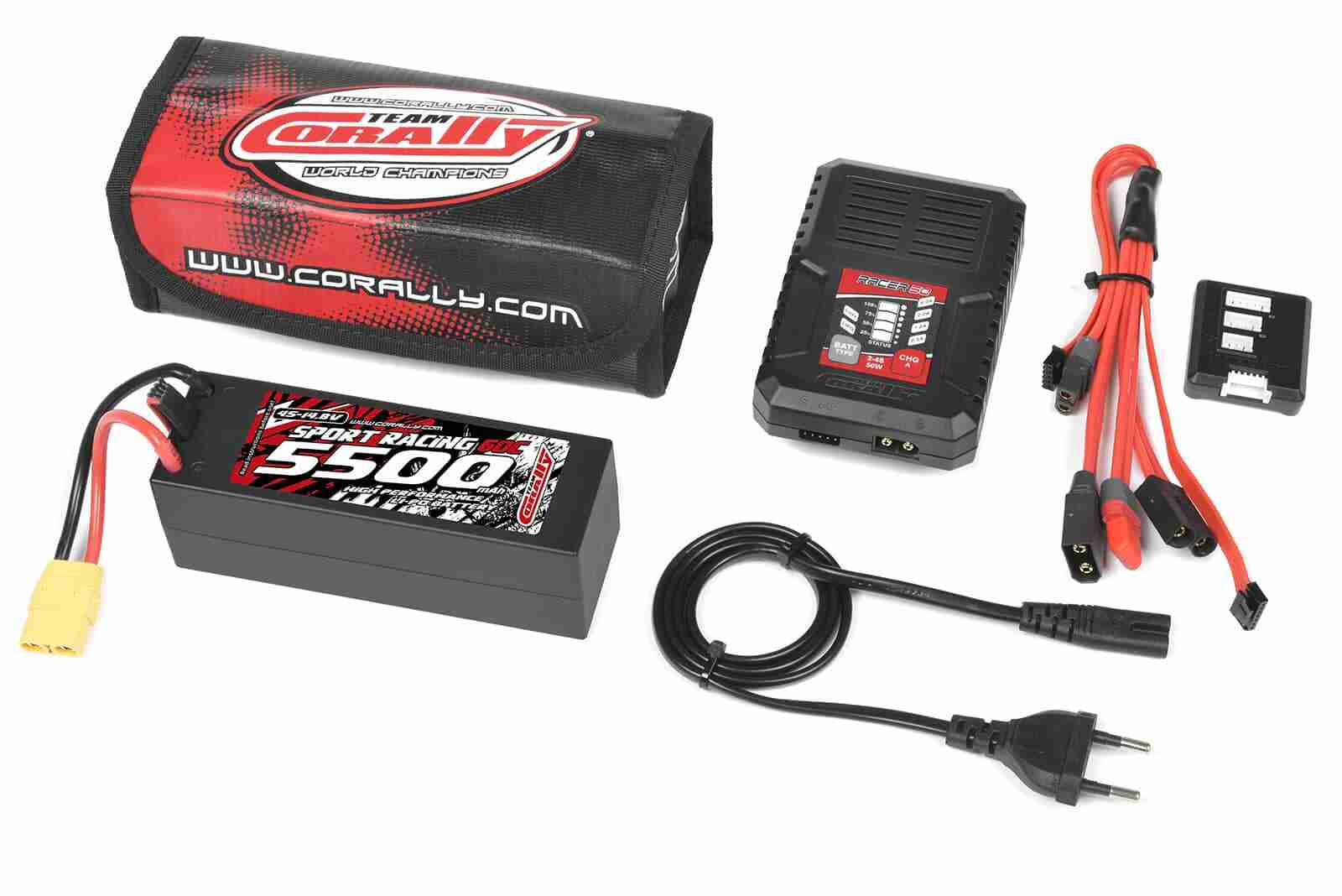 Team Corally Energy Pack Lipo 60C 5500Mah 4S XT-90 Hard Case + Racer 50 2-4S AC Charger + Lipo Safety Bag + Charge-Balance Lead Team Corally Energy Pack Lipo 60C 5500Mah 4S XT-90 Hard Case + Racer 50 2-4S AC Charger + Lipo Safety Bag + Charge-Balance Lead
