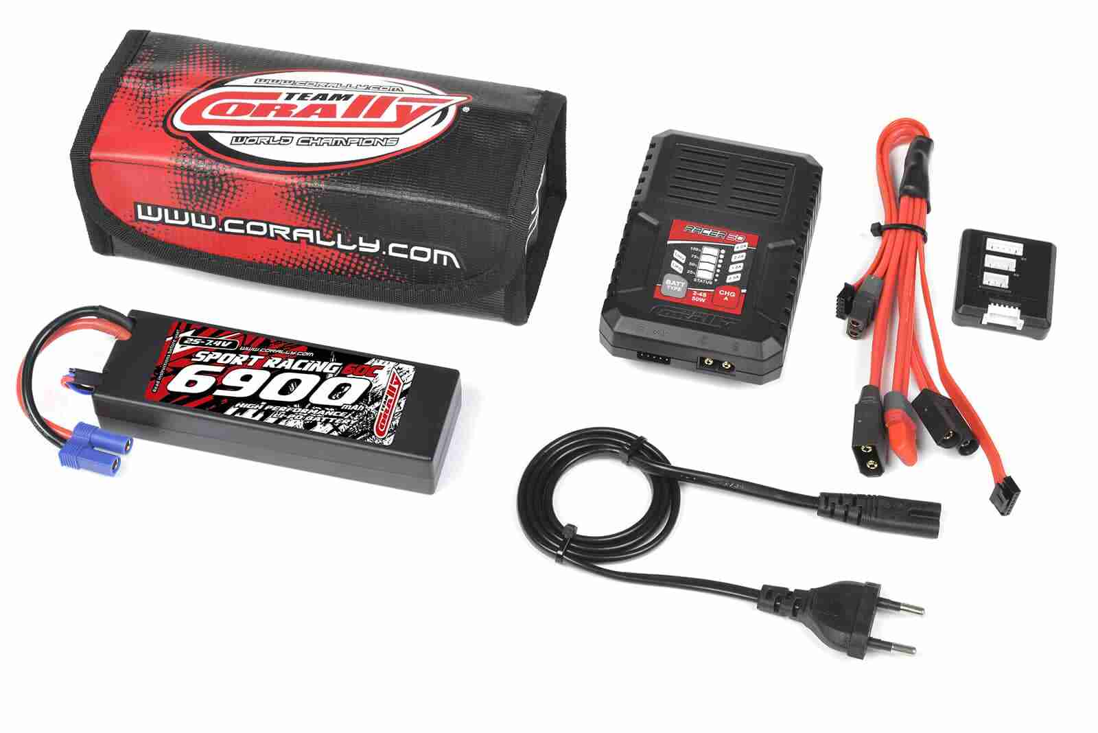 Team Corally Energy Pack Lipo 60C 6900Mah 2S EC-5 Hard Case + Racer 50 2-4S AC Charger + Lipo Safety Bag + Charge-Balance Lead Team Corally Energy Pack Lipo 60C 6900Mah 2S EC-5 Hard Case + Racer 50 2-4S AC Charger + Lipo Safety Bag + Charge-Balance Lead
