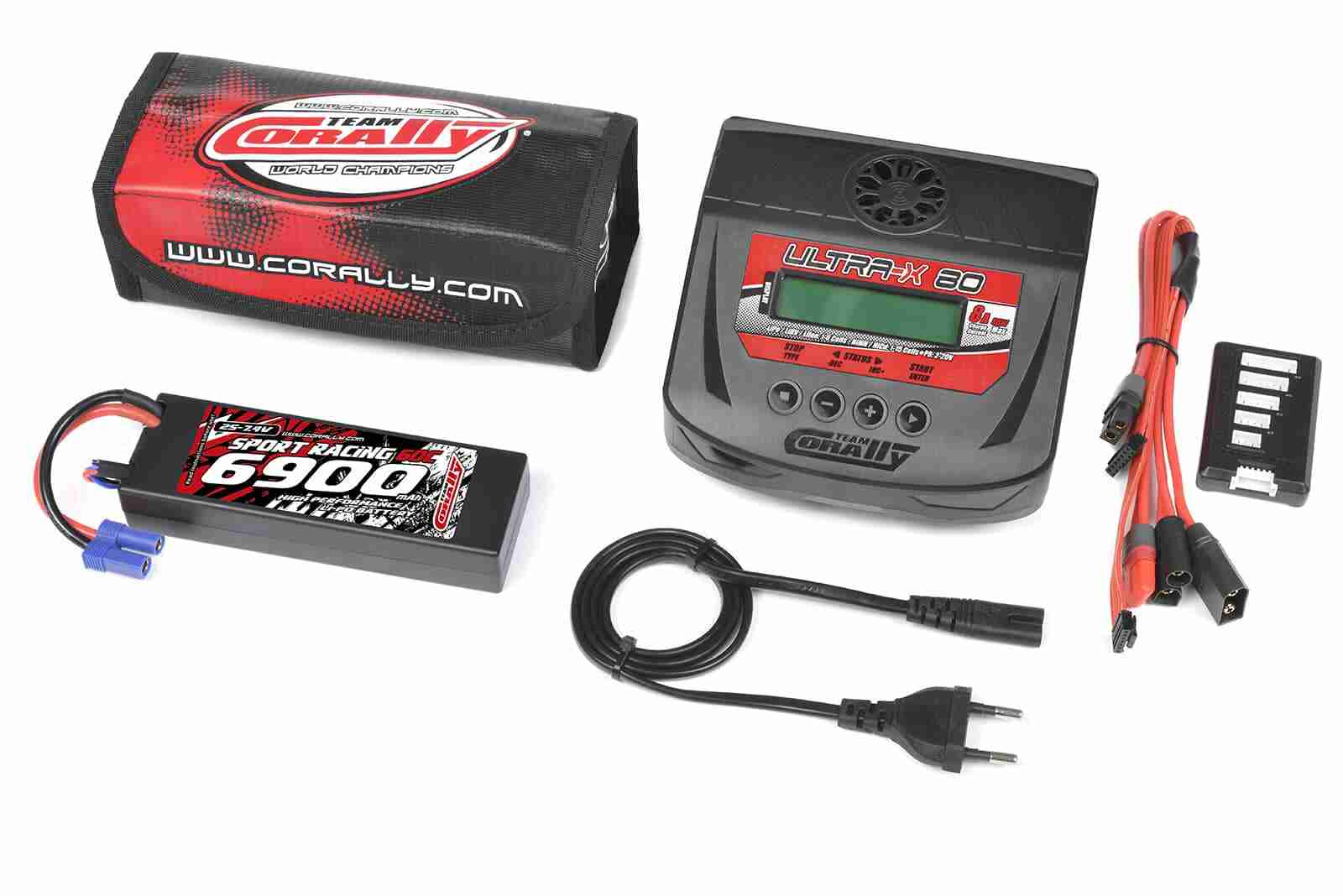 Team Corally Energy Pack Lipo 60C 6900Mah 2S EC-5 Hard Case + Ultra-X 80 1-6S AC/DC Charger + Lipo Safety Bag + Charge-Balance Lead Team Corally Energy Pack Lipo 60C 6900Mah 2S EC-5 Hard Case + Ultra-X 80 1-6S AC/DC Charger + Lipo Safety Bag + Charge-Balance Lead