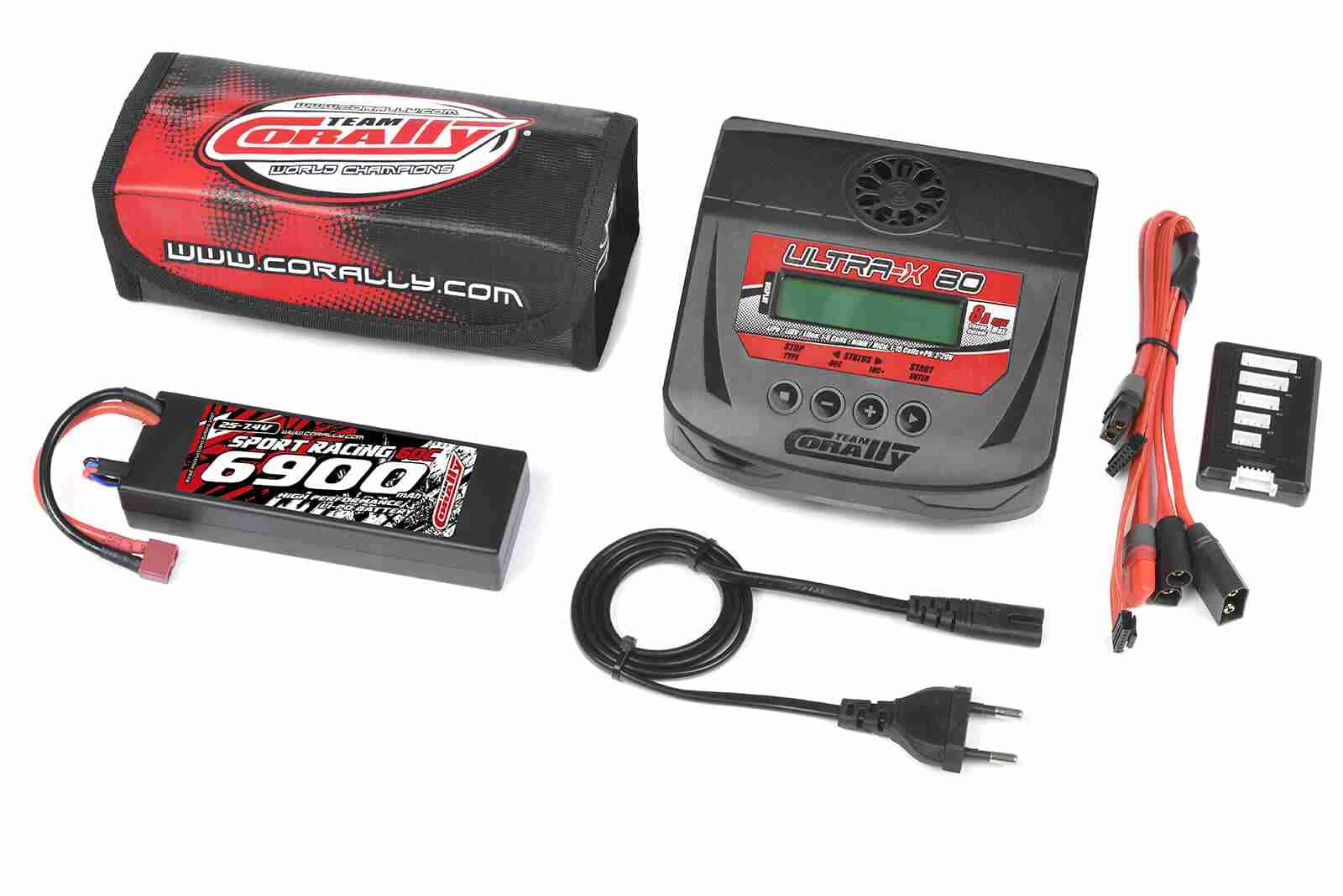 Team Corally Energy Pack Lipo 60C 6900Mah 2S T-Plug Hard Case + Ultra-X 80 1-6S AC/DC Charger + Lipo Safety Bag + Charge-Balance Lead Team Corally Energy Pack Lipo 60C 6900Mah 2S T-Plug Hard Case + Ultra-X 80 1-6S AC/DC Charger + Lipo Safety Bag + Charge-Balance Lead