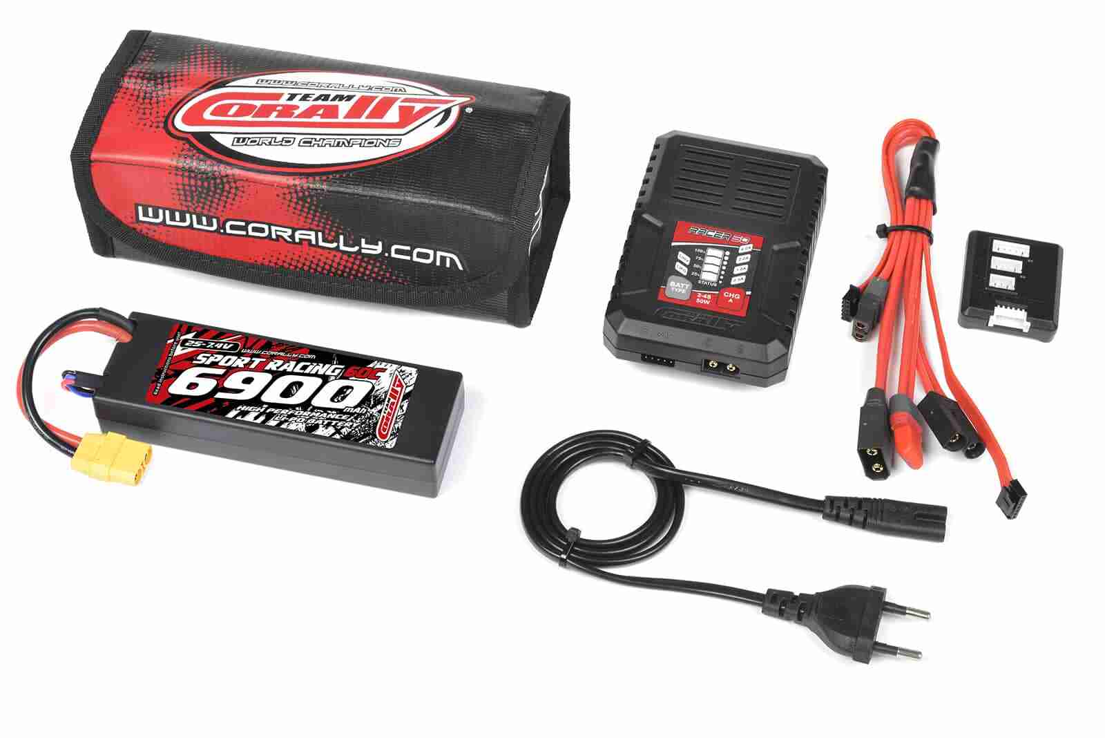 Team Corally Energy Pack Lipo 60C 6900Mah 2S XT-90 Hard Case + Racer 50 2-4S AC Charger + Lipo Safety Bag + Charge-Balance Lead Team Corally Energy Pack Lipo 60C 6900Mah 2S XT-90 Hard Case + Racer 50 2-4S AC Charger + Lipo Safety Bag + Charge-Balance Lead