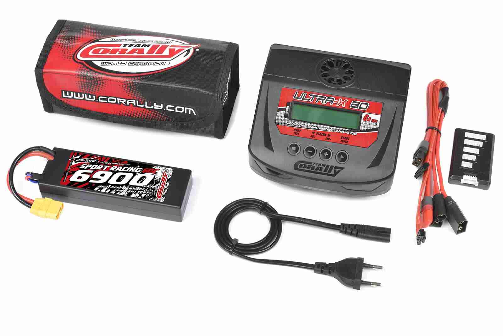 Team Corally Energy Pack Lipo 60C 6900Mah 2S XT-90 Hard Case + Ultra-X 80 1-6S AC/DC Charger + Lipo Safety Bag + Charge-Balance Lead Team Corally Energy Pack Lipo 60C 6900Mah 2S XT-90 Hard Case + Ultra-X 80 1-6S AC/DC Charger + Lipo Safety Bag + Charge-Balance Lead