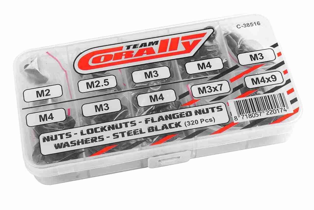 Team Corally Nuts Lock Nuts Washers Set M2 M2.5 M3 M4 Steel Black 10 Sizes 320 pcs Team Corally Nuts Lock Nuts Washers Set M2 M2.5 M3 M4 Steel Black 10 Sizes 320 pcs