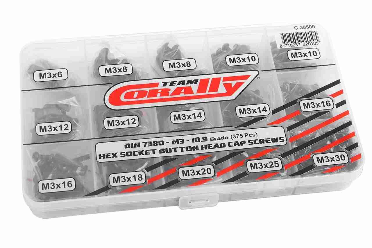 Team Corally Screw Set M3 Hex Button Head DIN 7380 Steel Black 10.9 Grade 15 Sizes 375 pcs Team Corally Screw Set M3 Hex Button Head DIN 7380 Steel Black 10.9 Grade 15 Sizes 375 pcs