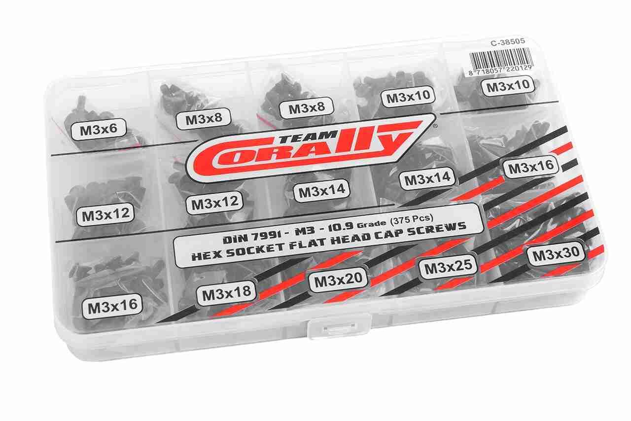 Team Corally Screw Set M3 Hex Flat Head DIN 7991 Steel Black 10.9 Grade 15 Sizes 375 pcs Team Corally Screw Set M3 Hex Flat Head DIN 7991 Steel Black 10.9 Grade 15 Sizes 375 pcs