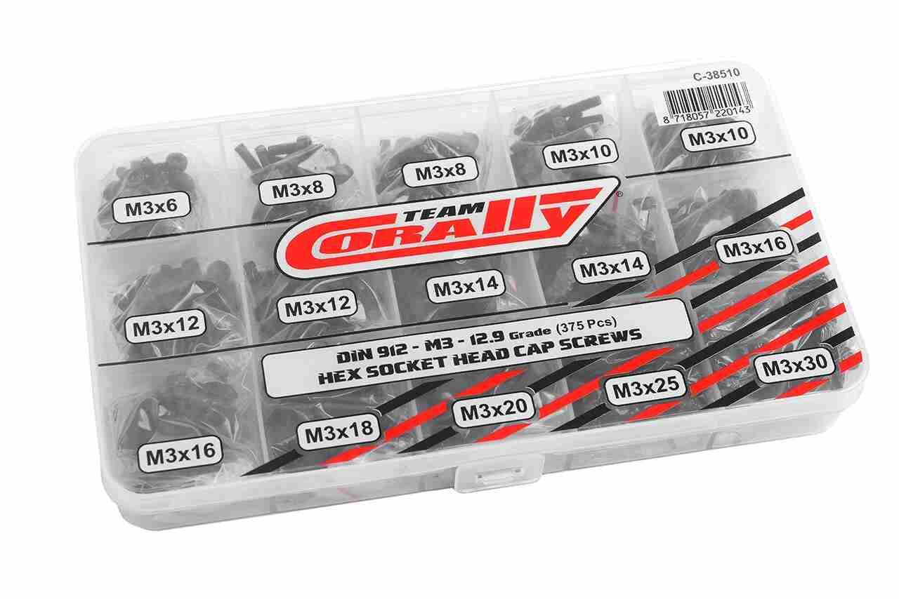 Team Corally Screw Set M3 Hex Socket Head DIN912 Steel Black 12.9 Grade 15 Sizes 375 pcs Team Corally Screw Set M3 Hex Socket Head DIN912 Steel Black 12.9 Grade 15 Sizes 375 pcs
