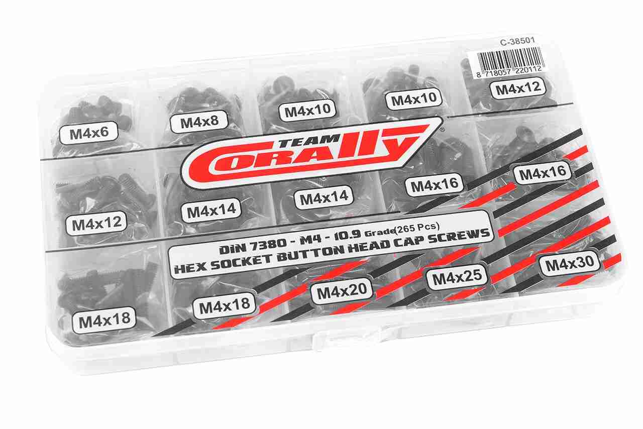 Team Corally Screw Set M4 Hex Button Head DIN 7380 Steel Black 10.9 Grade 15 Sizes 265 pcs Team Corally Screw Set M4 Hex Button Head DIN 7380 Steel Black 10.9 Grade 15 Sizes 265 pcs