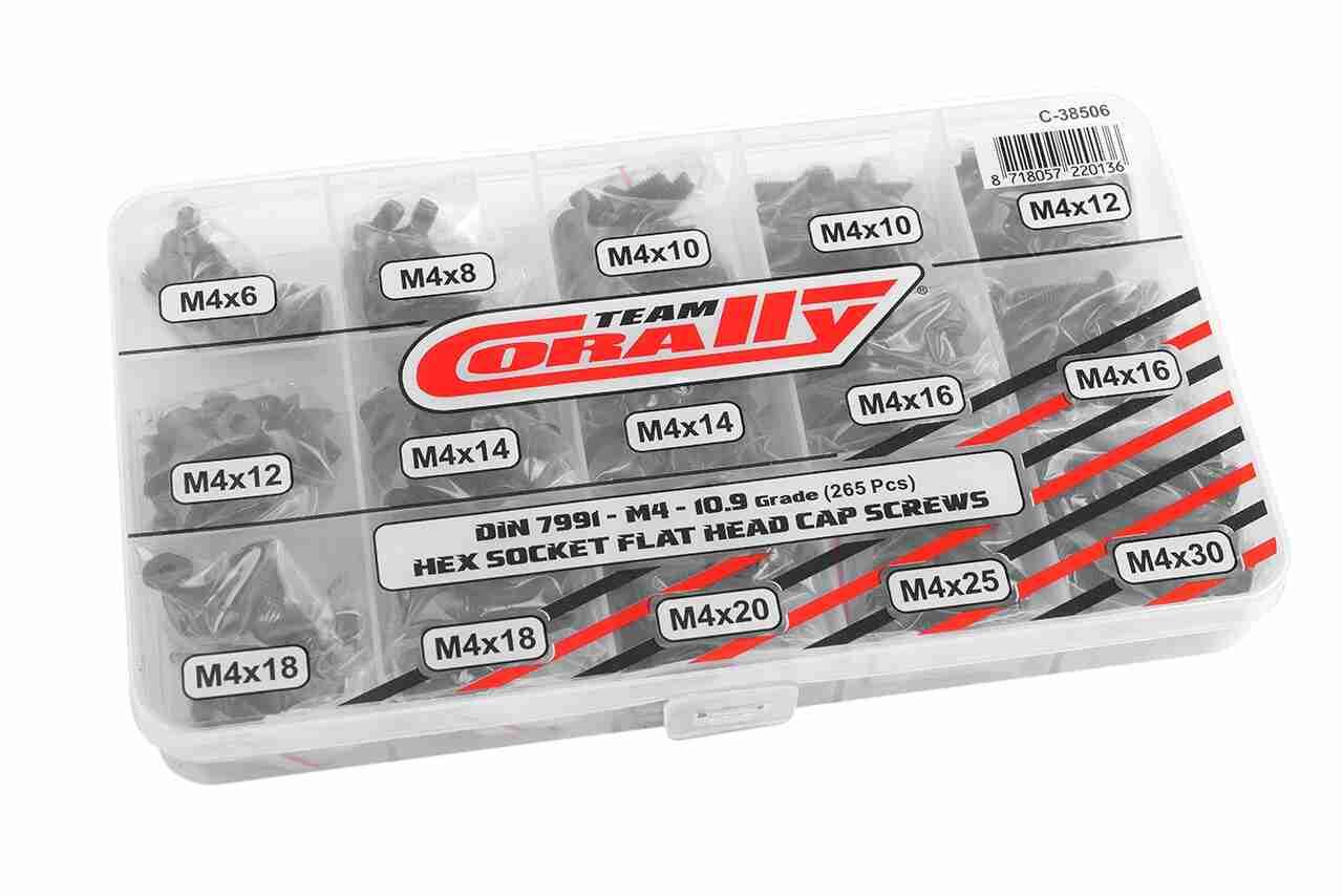 Team Corally Screw Set M4 Hex Flat Head DIN 7991 Steel Black 10.9 Grade 15 Sizes 265 pcs Team Corally Screw Set M4 Hex Flat Head DIN 7991 Steel Black 10.9 Grade 15 Sizes 265 pcs