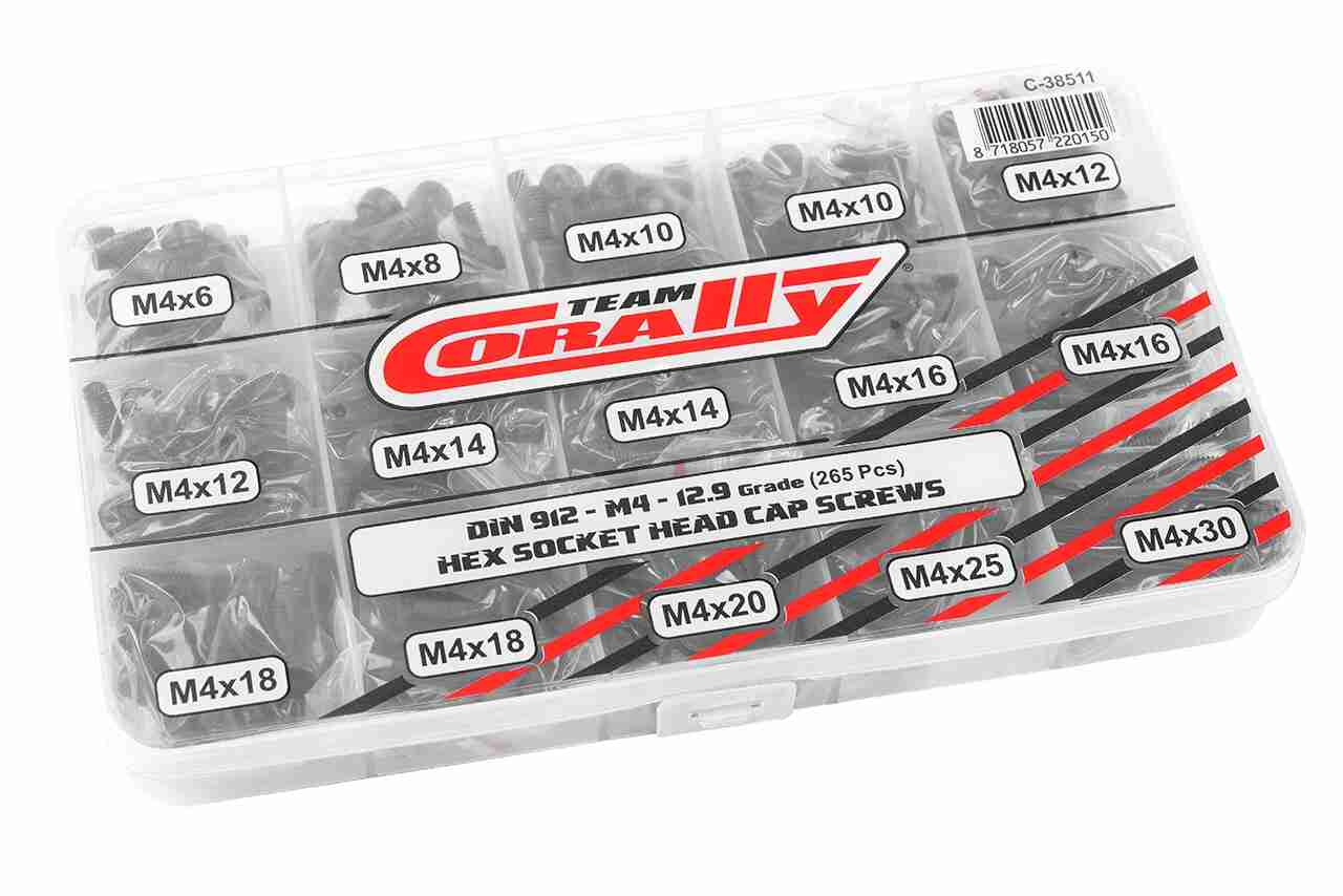 Team Corally Screw Set M4 Hex Socket Head DIN912 Steel Black 12.9 Grade 15 Sizes 265 pcs Team Corally Screw Set M4 Hex Socket Head DIN912 Steel Black 12.9 Grade 15 Sizes 265 pcs