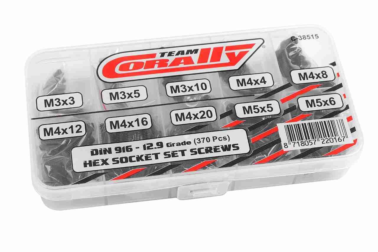 Team Corally Screw Set Set Screws M3 M4 M5 DIN 916 Steel Black 12.9 Grade 10 Sizes 370 pcs Team Corally Screw Set Set Screws M3 M4 M5 DIN 916 Steel Black 12.9 Grade 10 Sizes 370 pcs